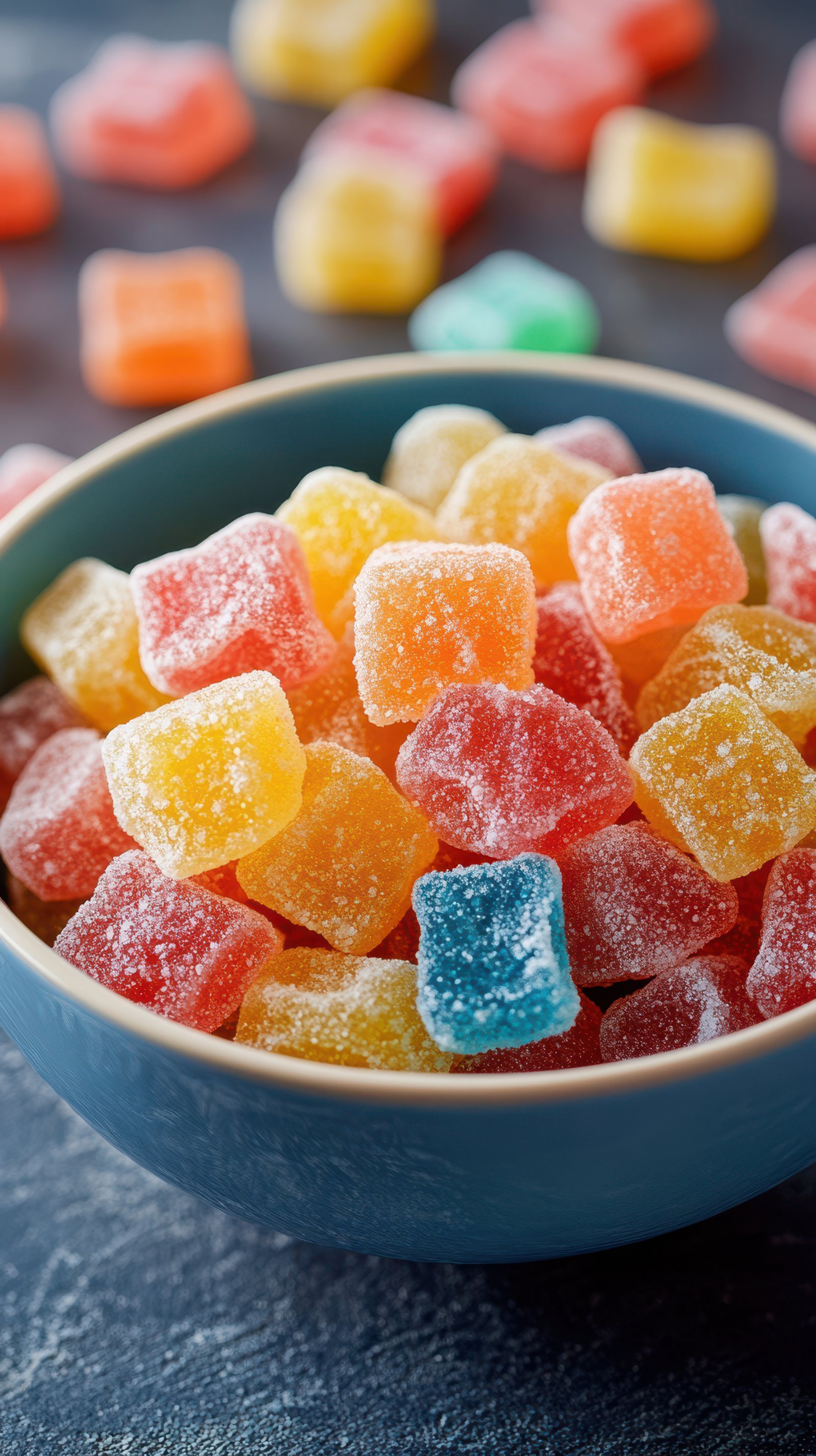 Colorful gummy candies in a blue bowl on a dark surface surrounded by scattered treats